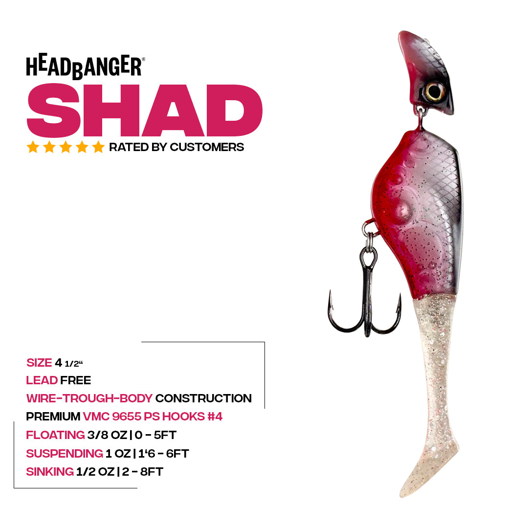 bass shad lures Pop (Sunburst Shad) HikeWadePaddle Custom Baits Featuring a big body design for finesse cranking at deeper depths Headbanger Shad 4-1/2" Erratic